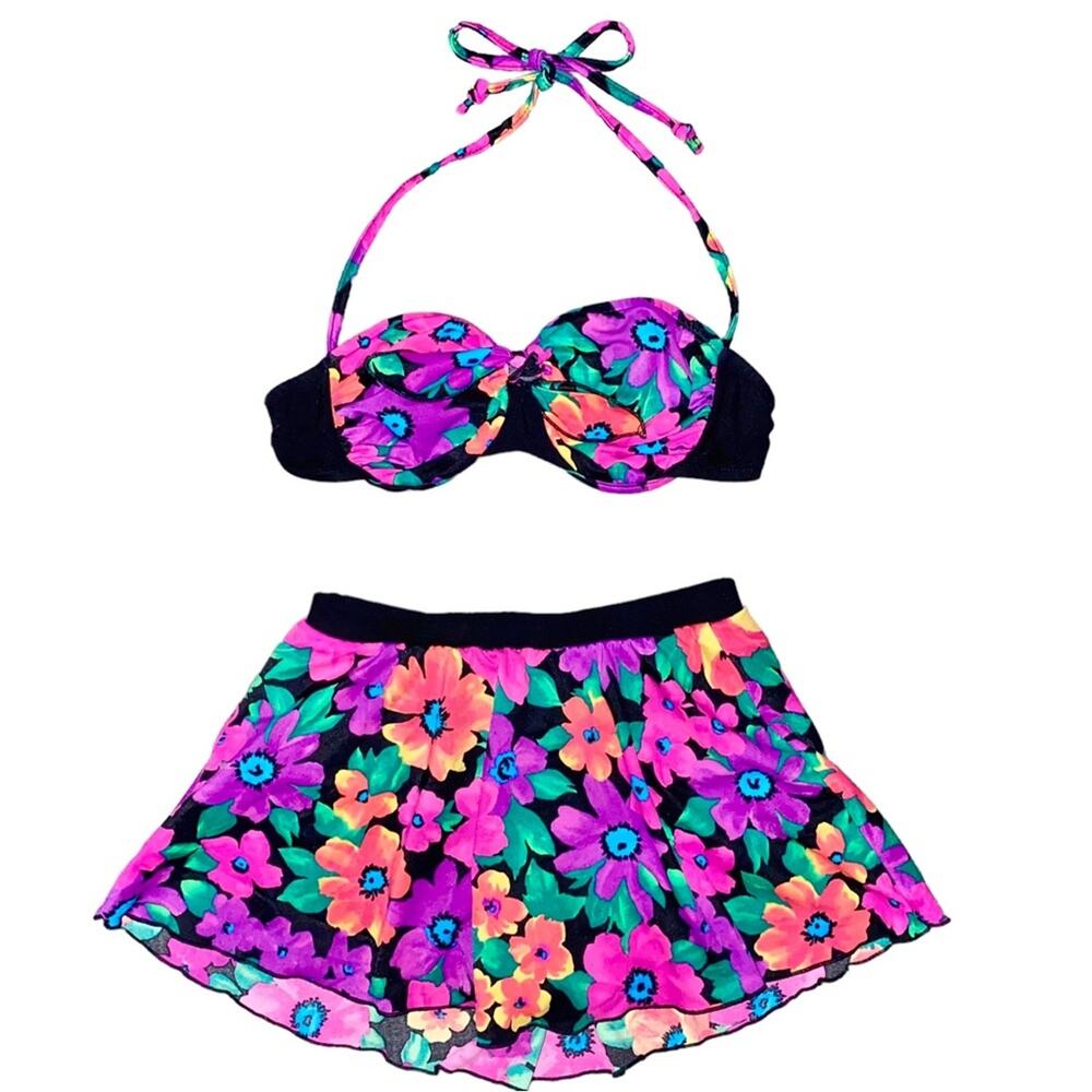 S VTG 90’s Carol Wior Neon Floral 2pc Bikini Underwire Halter Top Skirt Swimsuit